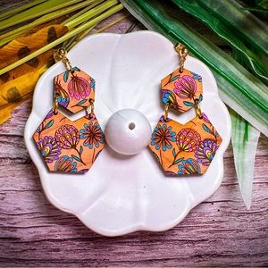 Floral Wooden Hand-Painted Geometric Earrings